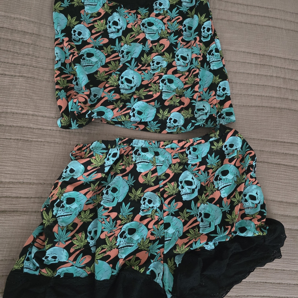 MeUndies Skull Print Pajama Set - Black and Teal
